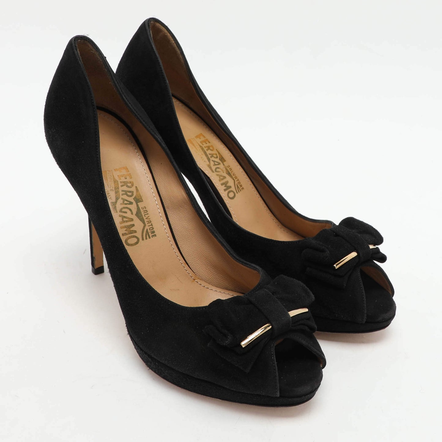 Original Salvatore Ferragamo Black Suede Rosella Peep Toe Pumps Size 40