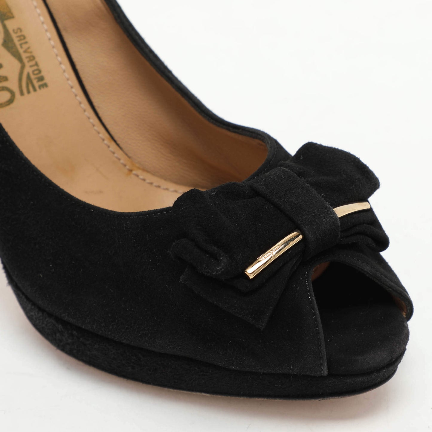 Original Salvatore Ferragamo Black Suede Rosella Peep Toe Pumps Size 40