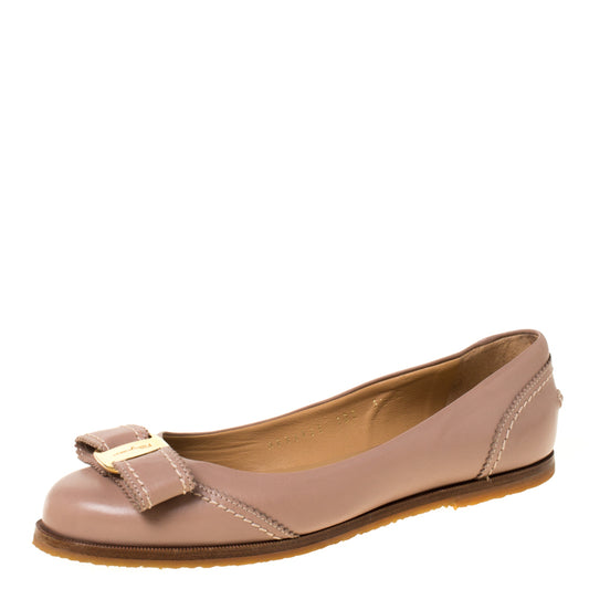 Original Salvatore Ferragamo Beige Leather Vara Bow Ballet Flats Size 36