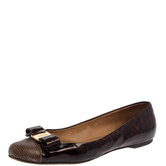 Original  Salvatore Ferragamo Brown Lizard Embossed And Patent Leather Vara Bow Ballet Flats Size 40