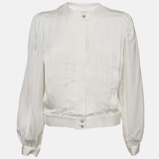 Original Sandro Off-White Satin Pleated Blouse S