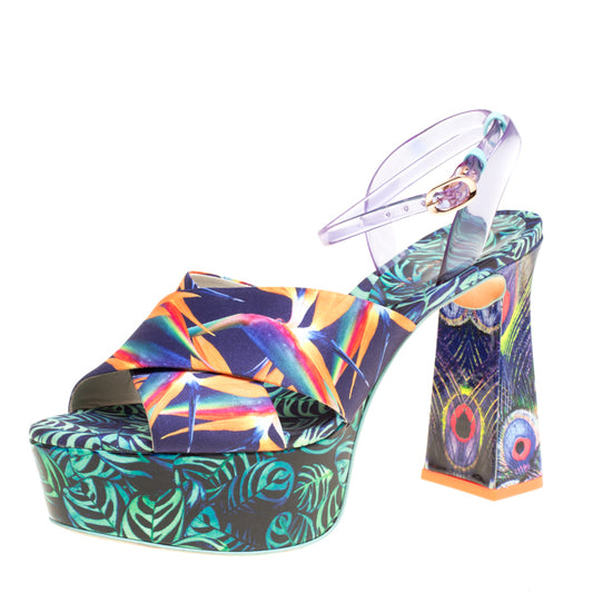 Original Sophia Webster Multicolor Printed Satin and PVC Effie Cross Strap Platform Sandals Size 39