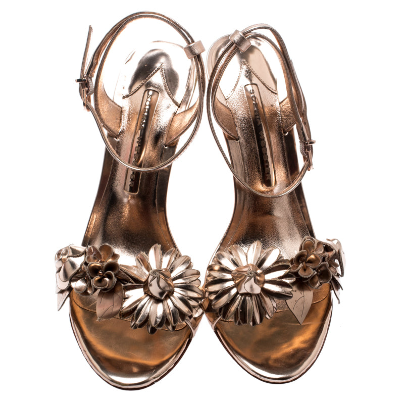 Original Sophia Webster Metallic Rose Gold Leather Lilico Floral Embellished Ankle Wrap Sandals Size 35.5