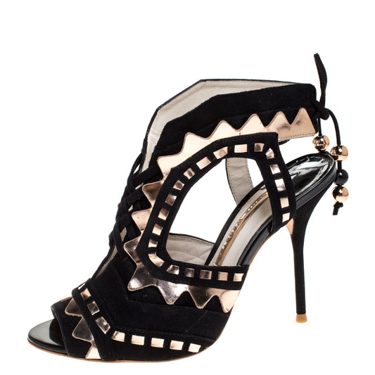 Original Sophia Webster Black Suede and Metallic Rose Gold Leather Riko Cut Out Sandals Size 38.5