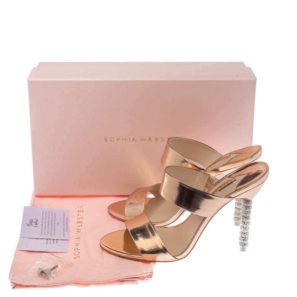 Original Sophia Webster Rose Gold Foil Leather Crystal Embellished Heel Slide Mules Size 39