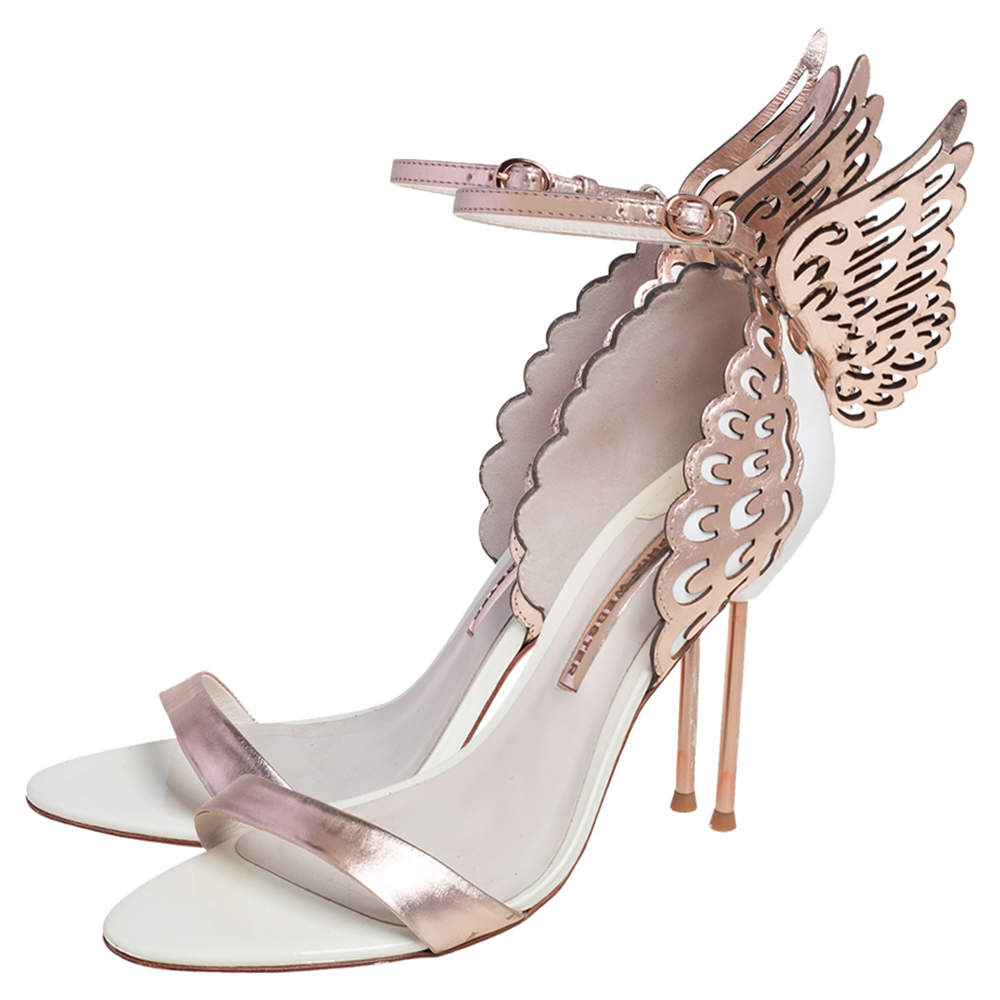 Original Sophia Webster White/Rose Gold Leather Evangeline Laser Cut Angel Wing Ankle Strap Sandals Size 40.5