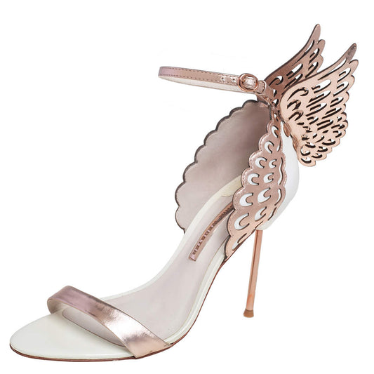 Original Sophia Webster White/Rose Gold Leather Evangeline Laser Cut Angel Wing Ankle Strap Sandals Size 40.5