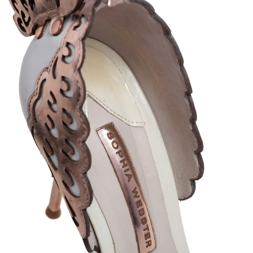 Original Sophia Webster White/Rose Gold Leather Evangeline Laser Cut Angel Wing Ankle Strap Sandals Size 40.5