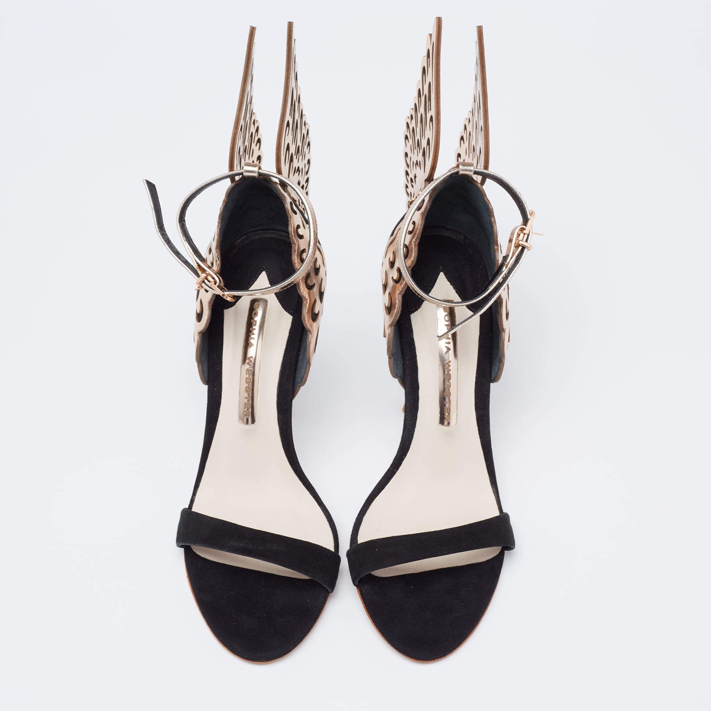 Original Sophia Webster Black/Rose Gold Suede Evangeline Ankle-Strap Sandals Size 37.5