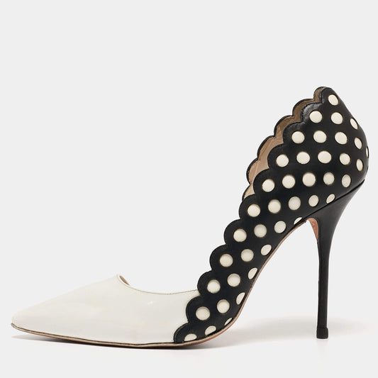 Original Sophia Webster White/Black Patent and Laser Cut Leather Mika D'orsay Pumps Size 36.5