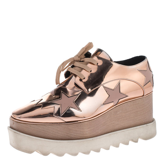 Original Stella McCartney Metallic Rose Gold Faux Leather Elyse Star Platform Lace Up Derby Size 36