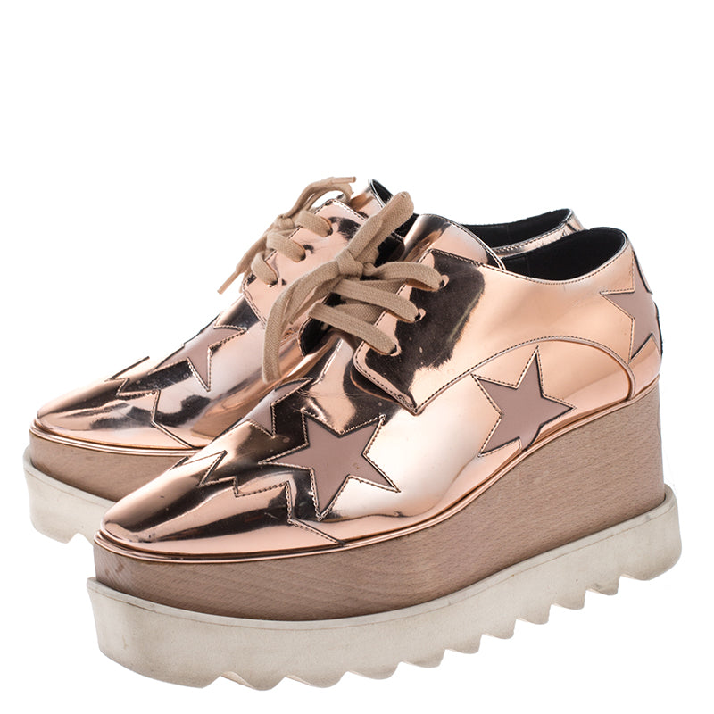 Original Stella McCartney Metallic Rose Gold Faux Leather Elyse Star Platform Lace Up Derby Size 36