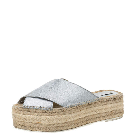 Original Stella McCartney Metallic Glitter Faux Leather Cross Strap Espadrille Flats Size 37