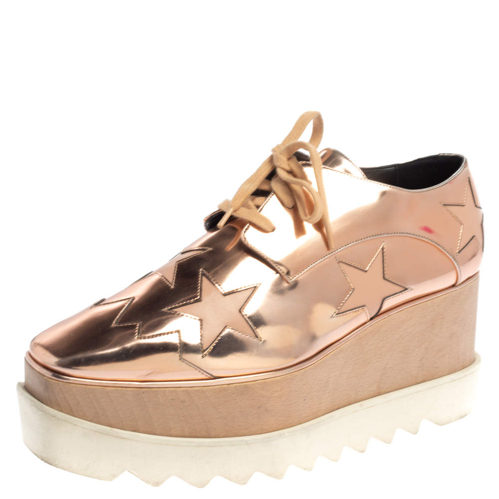 Original Stella McCartney Rose Gold Faux Patent Leather Elyse Star Platform Sneakers Size 38.5