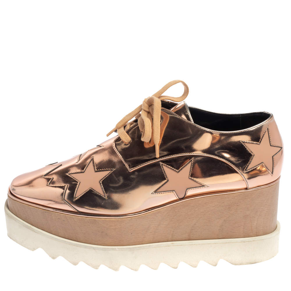 Original Stella McCartney Rose Gold Faux Patent Leather Elyse Star Platform Sneakers Size 38.5