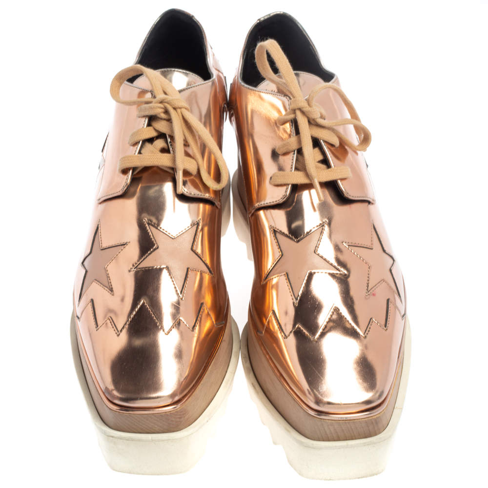 Original Stella McCartney Rose Gold Faux Patent Leather Elyse Star Platform Sneakers Size 38.5