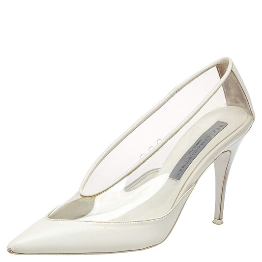 Original Stella McCartney White Faux Leather And PVC Pointed Toe Pumps Size 37