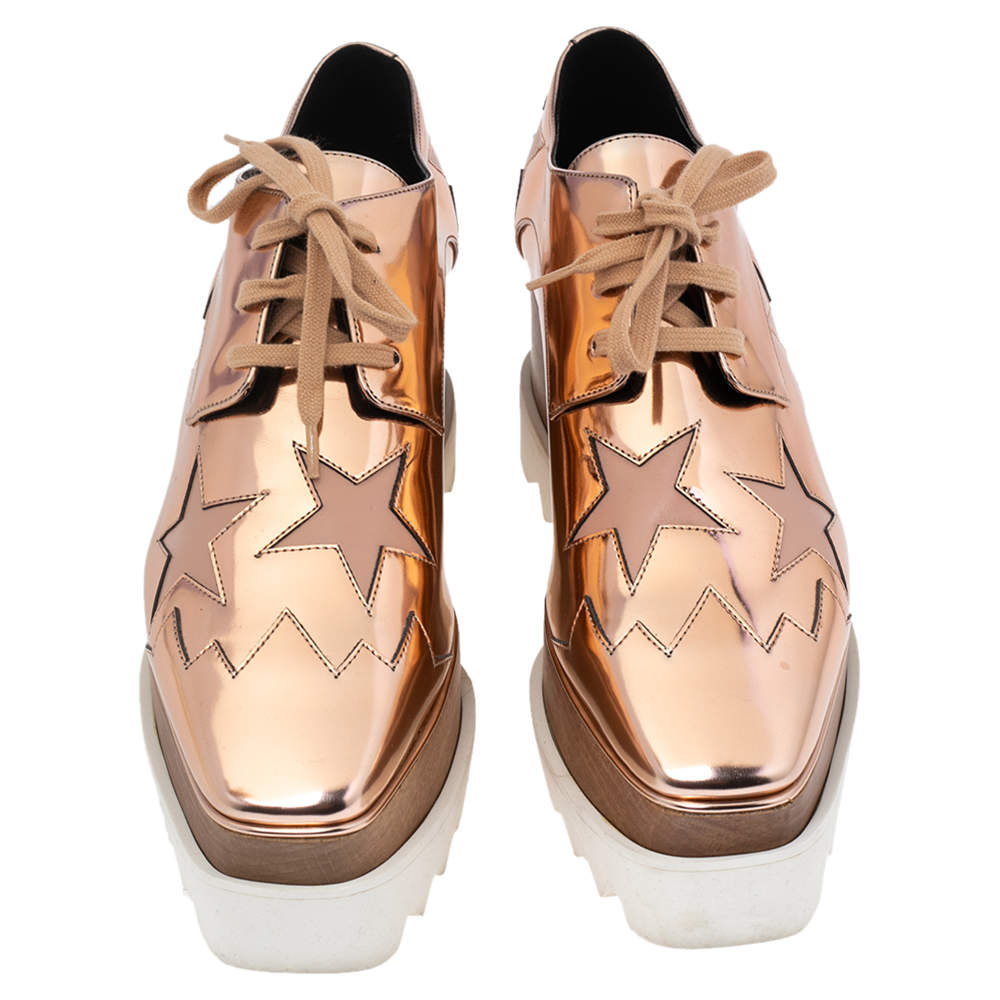 Original Stella McCartney Rose Gold  Faux Patent and Leather Elyse Star Platform Lace Up Sneakers Size 36