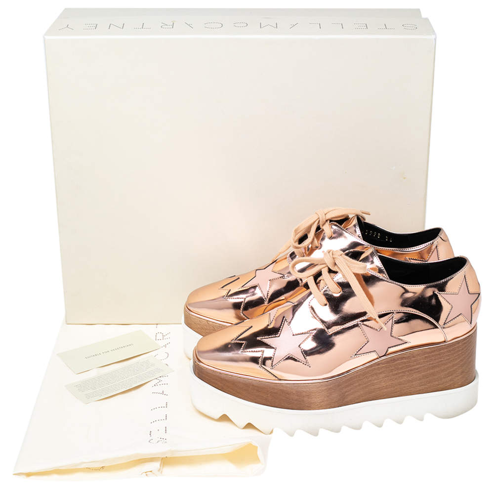 Original Stella McCartney Rose Gold  Faux Patent and Leather Elyse Star Platform Lace Up Sneakers Size 36