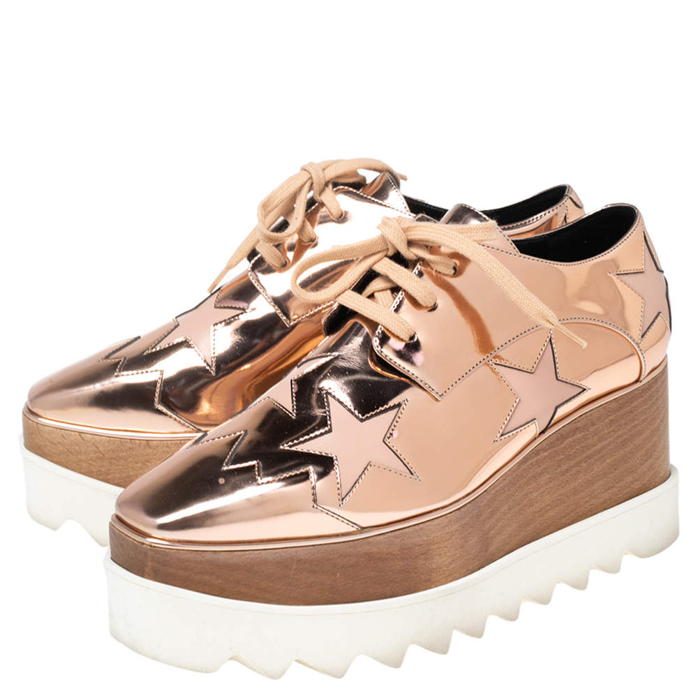 Original Stella McCartney Rose Gold  Faux Patent and Leather Elyse Star Platform Lace Up Sneakers Size 36