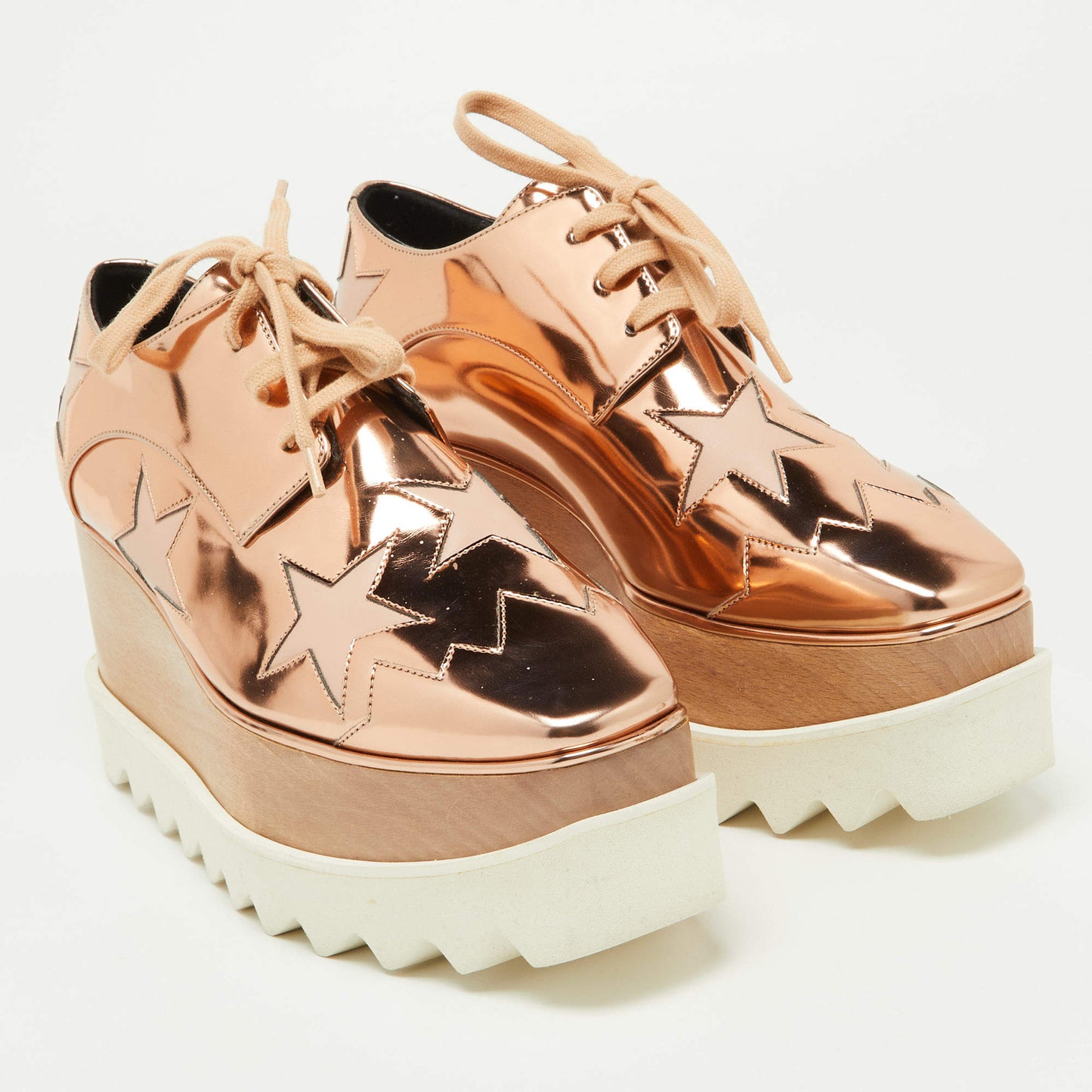 Original Stella McCartney Metallic Rose Gold Faux Patent Leather Elyse Star Platform Lace Up Sneakers Size 37