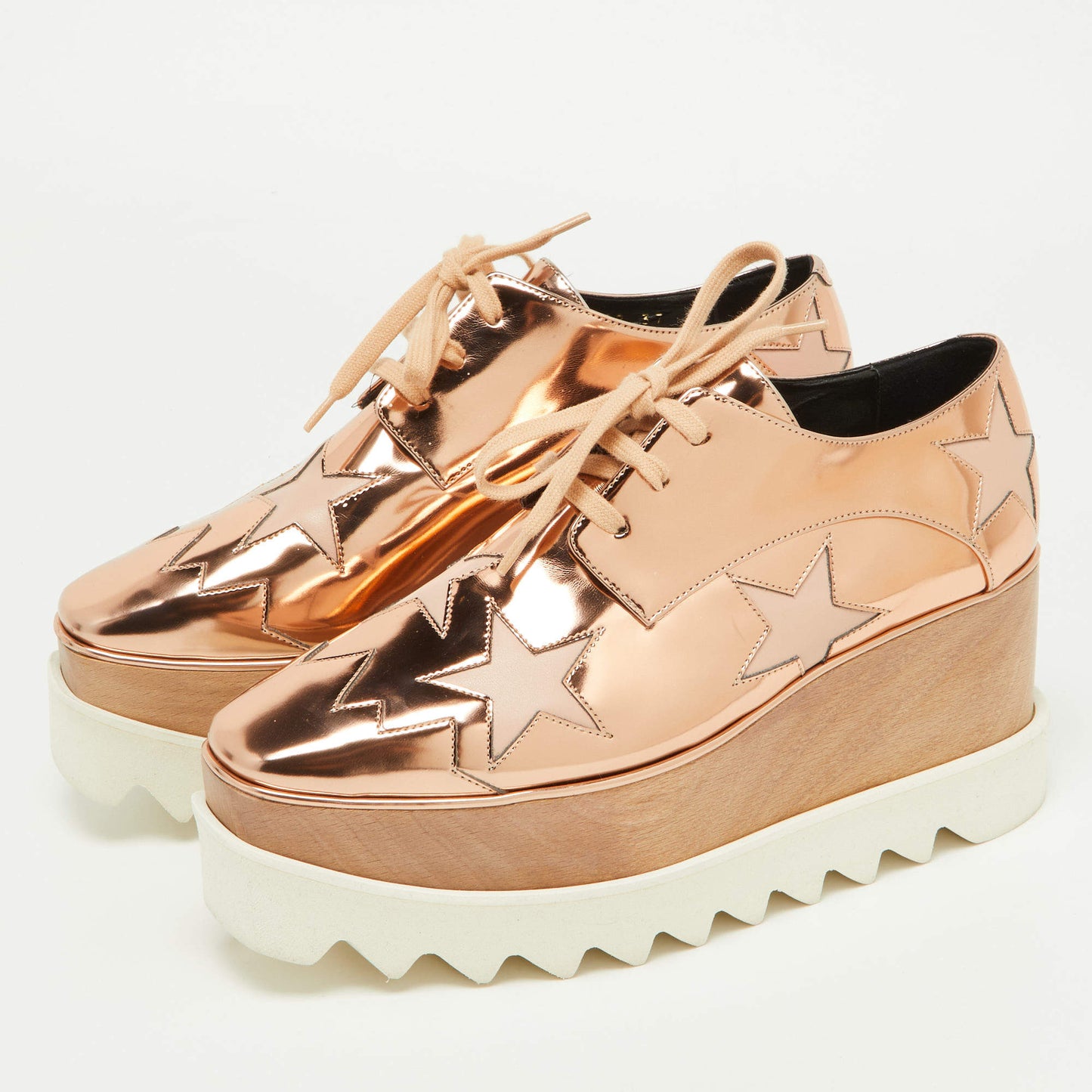 Original Stella McCartney Metallic Rose Gold Faux Patent Leather Elyse Star Platform Lace Up Sneakers Size 37