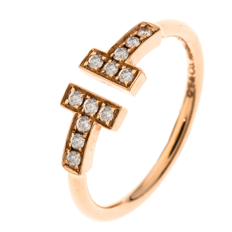 Original Tiffany & Co. T Wire Diamond 18K Rose Gold Open Ring Size 54