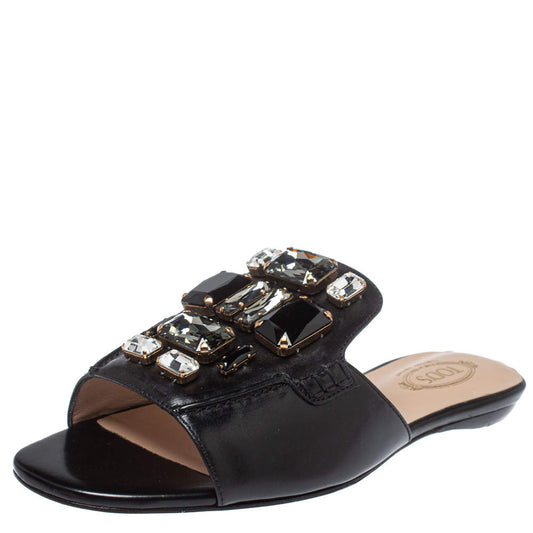 Original Tod's Black Leather Jewel Embellished Limited Edition Flat Slide Sandals Size 37 (Never Used)