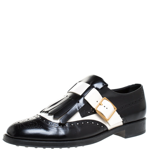 Original Tod's Black/White Leather Fringe Brogue Monk Strap Loafers Size 39