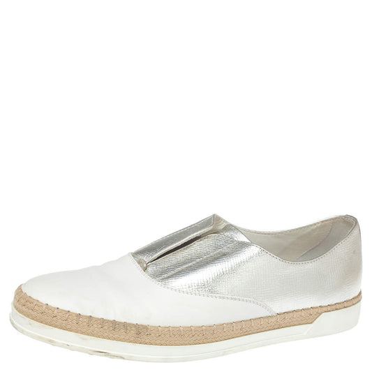 Original Tod's Metallic Silver and White Leather Francesina Espadrille Slip On Sneakers Size 39