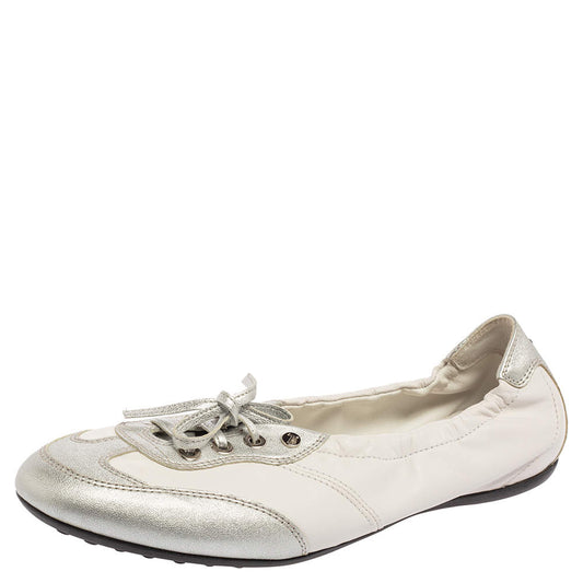 Original Tod's White/Silver Leather Gomma Lace Slip-On Sneakers Size 39.5