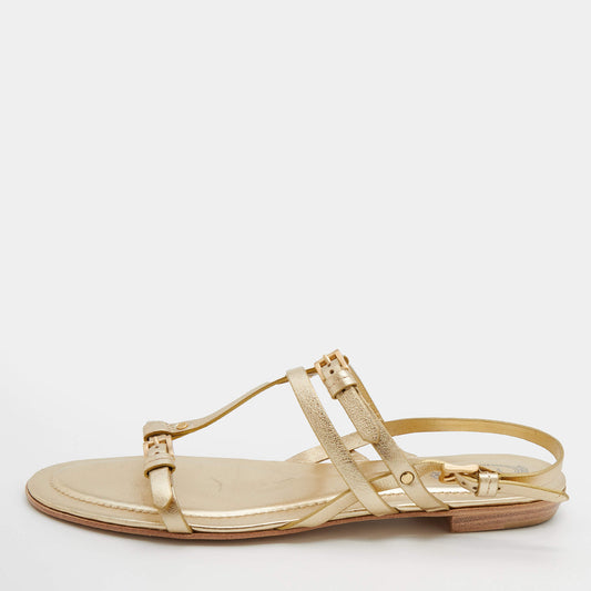 Original Tod's Gold Leather Strappy Buckle Detail Flat Sandals Size 39