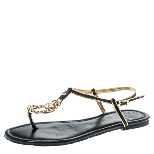 Original Tory Burch Black/Metallic Gold Leather Shane Link Detail Flat Thong Sandals Size 39.5 (Never Used)