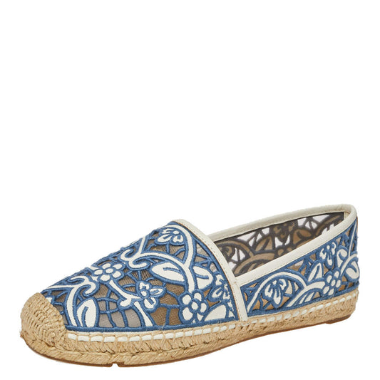 Original Tory Burch Blue/White Embroidered Leather Cutout Espadrille Flats Size 40.5 (Never Used)