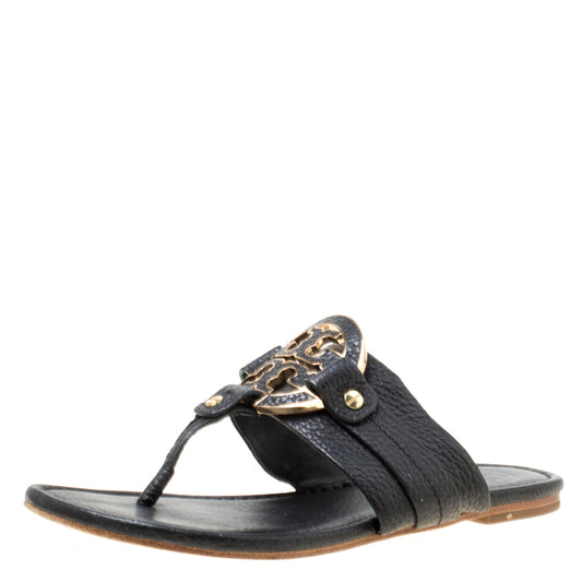 Original Tory Burch Black Leather Flat Thong Sandals Size 35.5