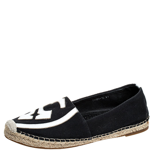 Original Tory Burch Black Canvas And White Leather Trim And Logo Lonnie Espadrilles Flats Size 41