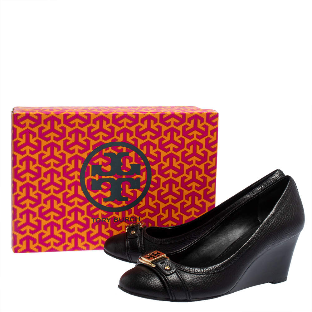 Original Tory Burch Black Leather Ambrose Logo Embellished Wedge Pumps Size 38