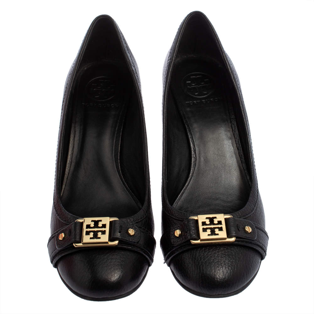 Original Tory Burch Black Leather Ambrose Logo Embellished Wedge Pumps Size 38