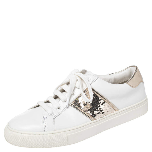 Original Tory Burch White/Gold Leather And Sequin Carter Sneakers Size 38.5