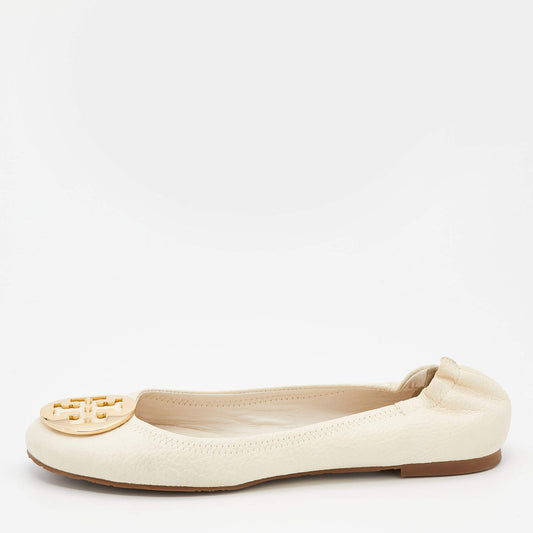 Original Tory Burch Off-White Leather Reva Scrunch Ballet Flats Size 40