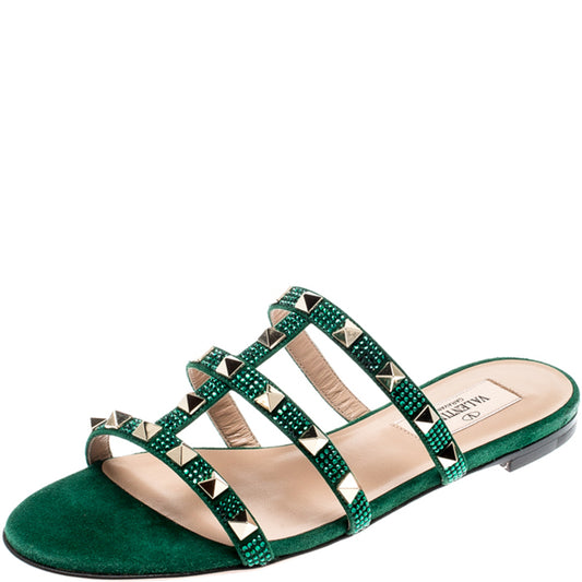 Original Valentino Emerald/Smeraldo Suede Rockstud Flat Slides Size 39 (Never Used)