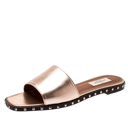 Original Valentino Poudre Leather Soul Rockstud Flat Slides Size 39 (Never Used)