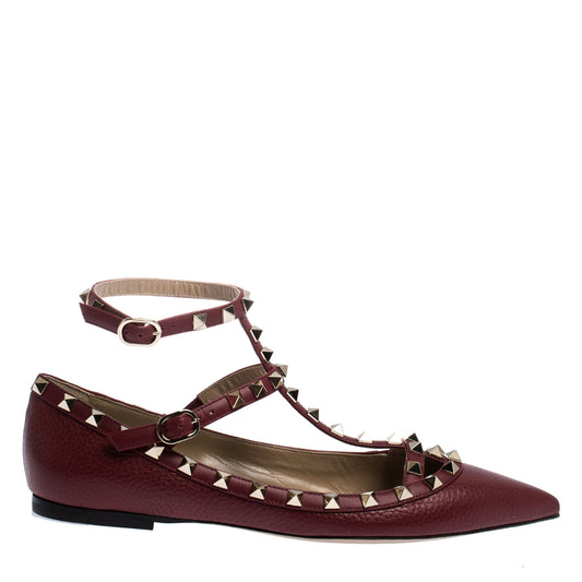 Original Valentino Bordeaux Leather Rockstud Ankle Strap Ballet Flats Size 40 (Never Used)