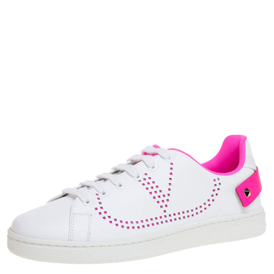 Original Valentino White/ Florescent Pink Leather V-Logo Sneakers Size 37.5 (Never Used)