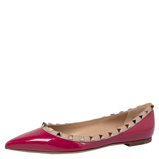 Original Valentino Raspberry Pink/Poudre Patent Leather Rockstud Pointed Toe Ballet Flats Size 41 (Never Used)