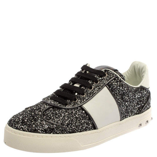 Original Valentino Black/White Glitter and Leather Fly Crew Low Top Sneakers Size 36 (Never Used)