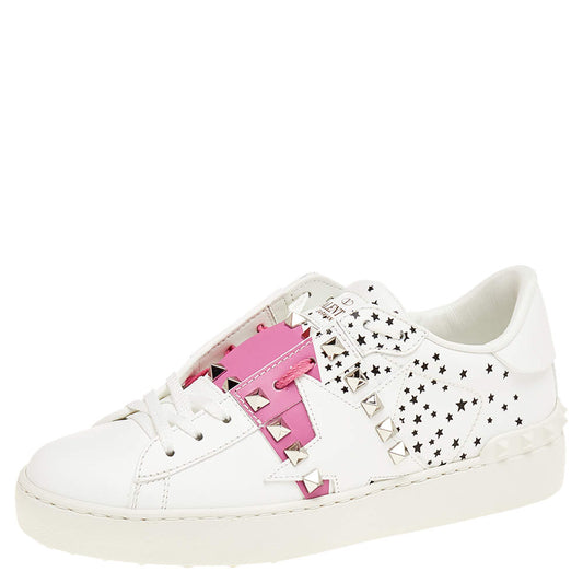 Original Valentino White/Pink Leather Rockstud Untitled Low Top Sneakers Size EU 37 (Never Used)