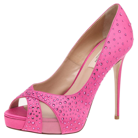 Original Valentino Pink Crystal Embellished Satin And Mesh Peep Toe Platform Pumps Size 38 (Never Used)