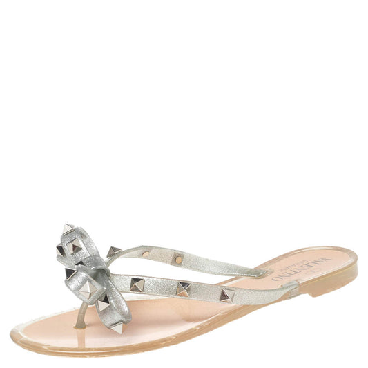 Original Valentino Silver Glitter Jelly Rockstud Bow Flat Thong Slides Size 36 (Never Used)