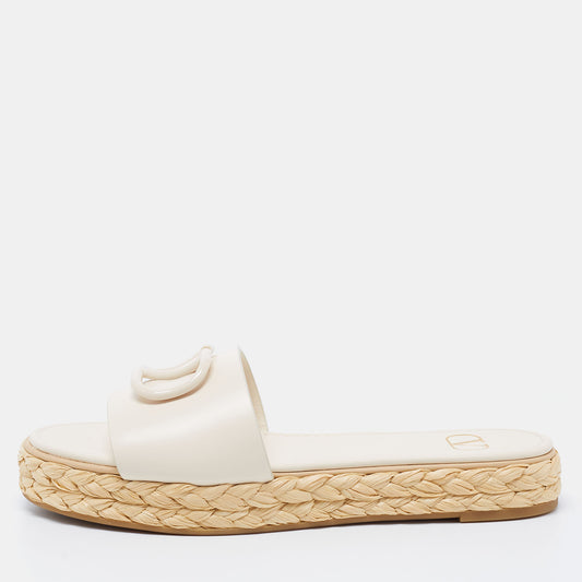 Original Valentino Off-White Leather VLogo Signature Raffia Espadrille Flat Slides Size 40 (Never Used)